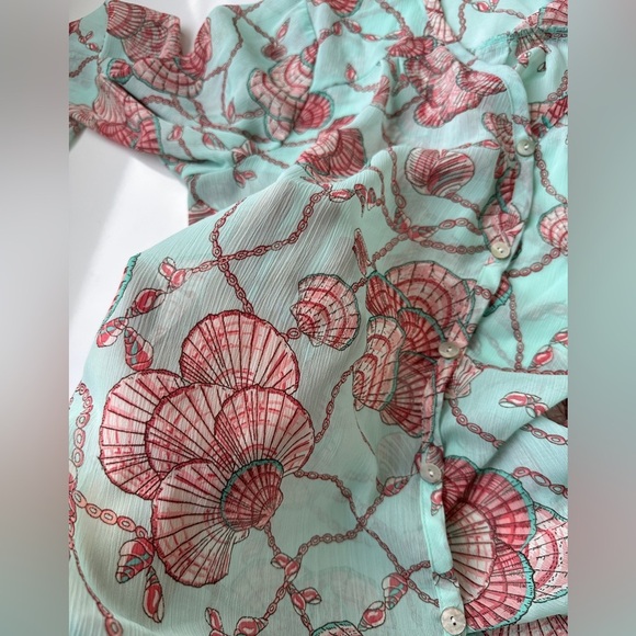Roz & Ali Teal Pink Sea Shell Beach Semi Sheer Button Front Flowy Top Medium - Picture 7 of 7